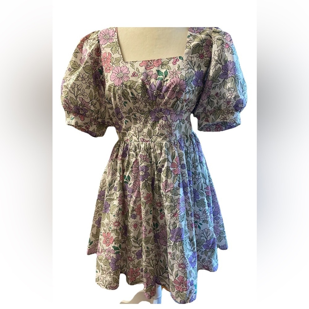Entro Square neckline floral mini dress puff short sleeves easter spring large